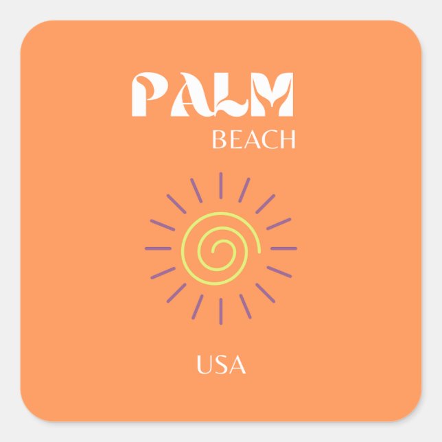 Pegatina Cuadrada Palm Beach, Travel Art, Preppy, Naranja (Anverso)