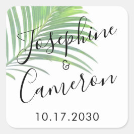 Pegatina Cuadrada Palm Leaf Modern Beach Destination Wedding Favor