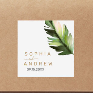 Pegatina Cuadrada Palm Leaf Tropical Boda Floral