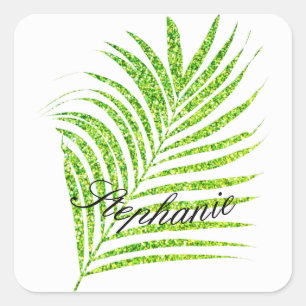 Pegatina Cuadrada Palm Leaves Glittery Green Custom Name Cute