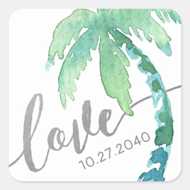 Pegatina Cuadrada Palm Tree Tropical Love Green Silver (Anverso)