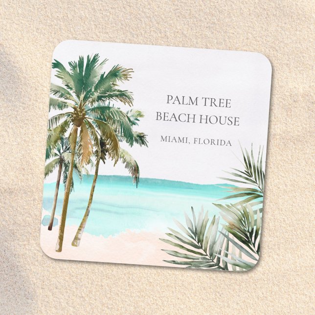Pegatina Cuadrada Palm Tree tropical personalizada deja playa azul (Close up)