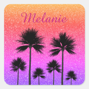 Pegatina Cuadrada Palm Trees Sparkly Gradiente Sunset Personalizado