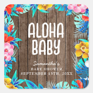 Pegatina Cuadrada Palm tropical rústica deja Baby Shower a Aloha