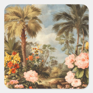 Pegatina Cuadrada Palmas Tropicales Botánicas Vintage
