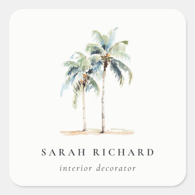 Pegatina Cuadrada Palmeras Tropicales Costeras Acuarela Azul Verde (Anverso)