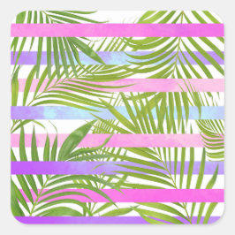 Pegatina Cuadrada Palmeras tropicales rayas violetas rosas modernas