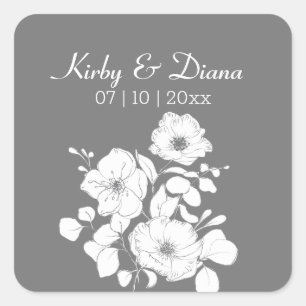 Pegatina Cuadrada Palo cuadrado Boda floral gris y blanco