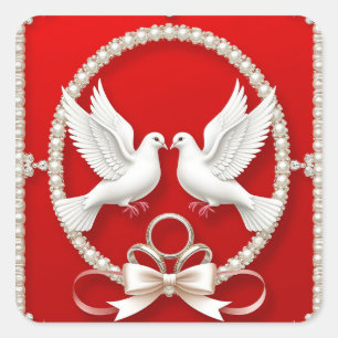 Pegatina Cuadrada Palomas blancas con anillos de boda