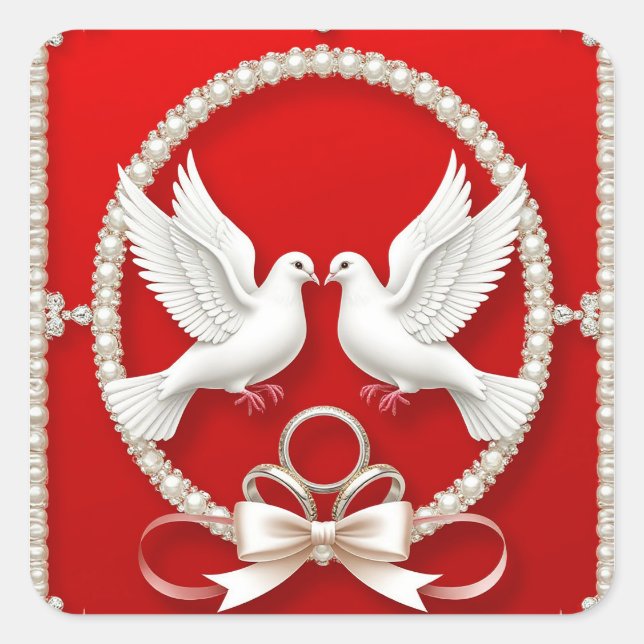 Pegatina Cuadrada Palomas blancas con anillos de boda (Anverso)