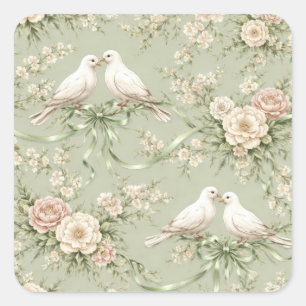Pegatina Cuadrada Palomas de boda con rosas y cintas