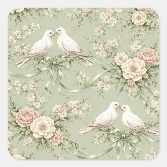 Pegatina Cuadrada Palomas de boda con rosas y cintas (Anverso)