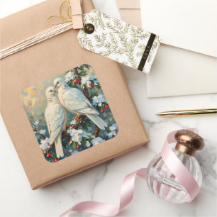 Pegatina Cuadrada Palomas de Navidad Vintage en rama de hoja perenne