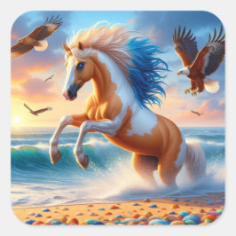 Pegatina Cuadrada Palomino Paint Horse Ocean