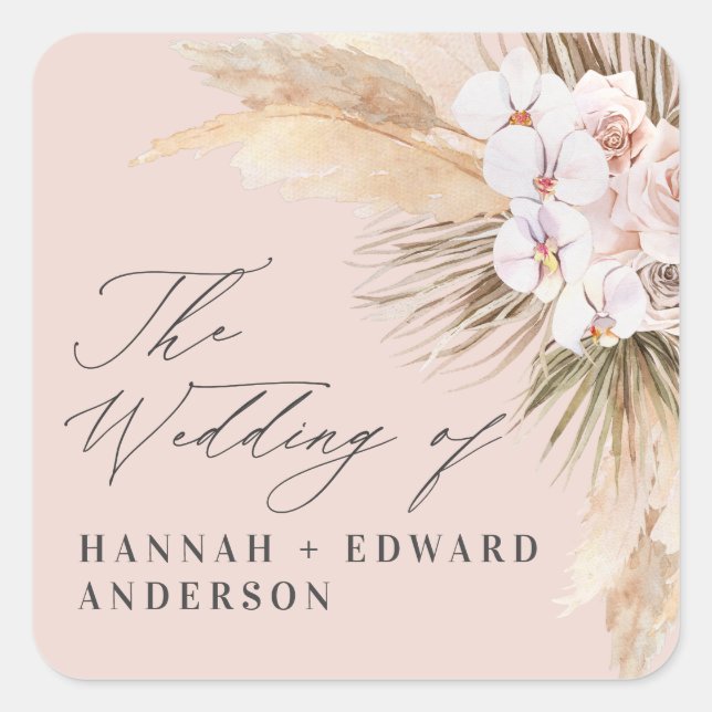 Pegatina Cuadrada Pampas bodas de escritura botánica secada de hierb (Anverso)