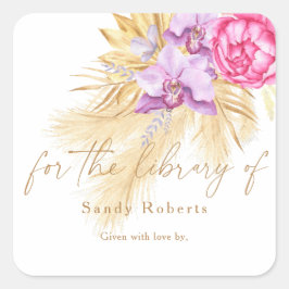 Pegatina Cuadrada Pampas de hierba boho acuarela, para la biblioteca