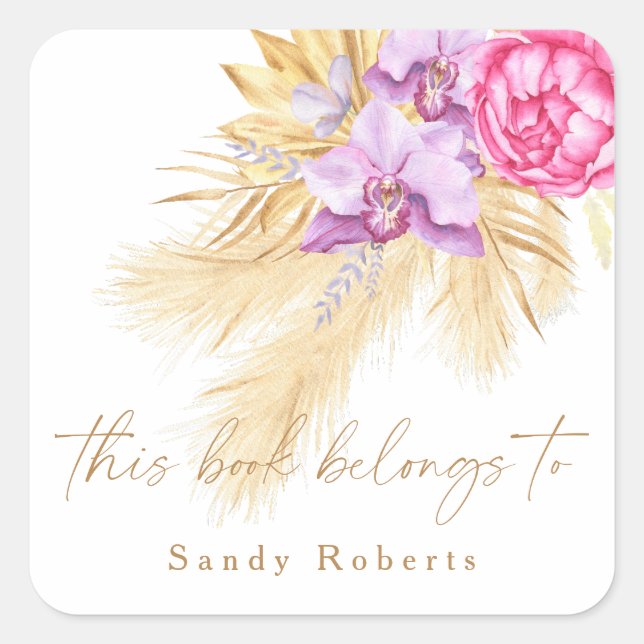 Pegatina Cuadrada Pampas pasto seco boho - este libro pertenece a (Anverso)