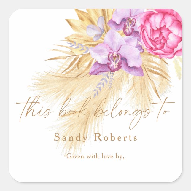 Pegatina Cuadrada Pampas pasto seco boho - este libro pertenece a (Anverso)