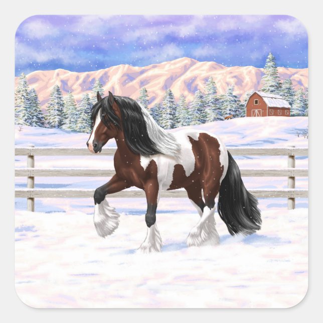 Pegatina Cuadrada Pan Bay Pinto Gypsy Vanner Borrador De Caballo En  (Anverso)