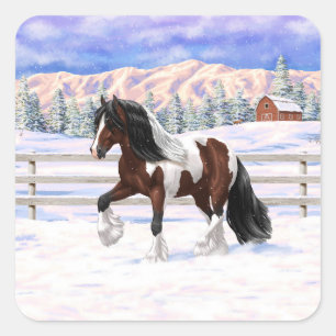Pegatina Cuadrada Pan Bay Pinto Gypsy Vanner Borrador De Caballo En