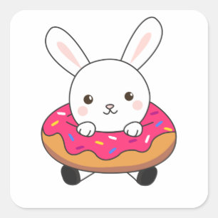 Pegatina Cuadrada Pan de conejo lindo Donut Sprinkles Pink
