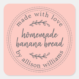 Pegatina Cuadrada Pan de Plátano Casero Rústico Rosa Pastel