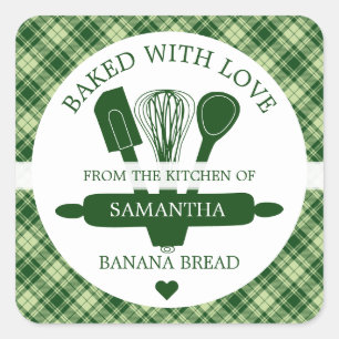 Pegatina Cuadrada Pan de Plátano Horneado con Amor Plaid Verde de Bú