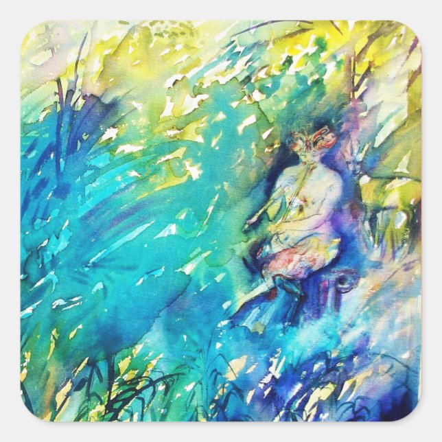 PEGATINA CUADRADA PAN JUGANDO FLUTE Y CERVEZA EN TIERRA VERDE (Anverso)