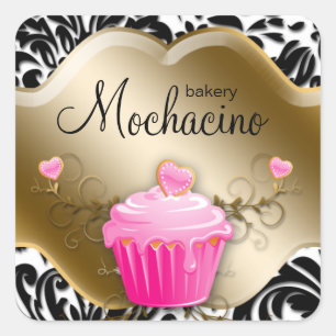 Pegatina Cuadrada Panadería Cupcake Rosa Oro