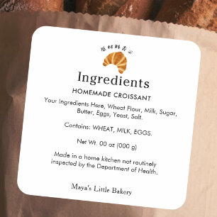 Pegatina Cuadrada Panadería de Croissant Rústico Ingredientes Produc