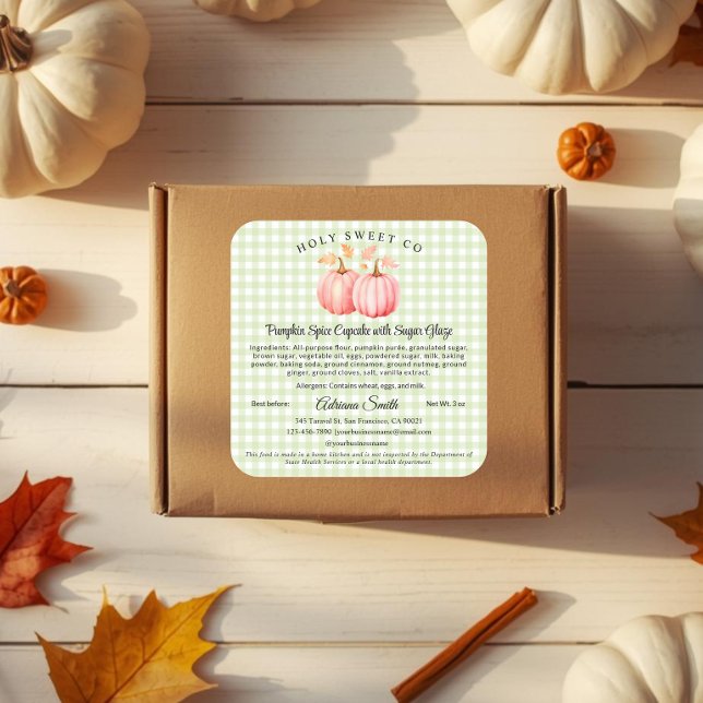 Pegatina Cuadrada Panadería de Gingham de Calabaza Rosa Comida Caser (Pink Pumpkin and green gingham Cottage Law Bakery Sticker)