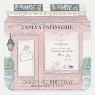 Pegatina Cuadrada Panadería francesa pastelería Paris Pink Birday
