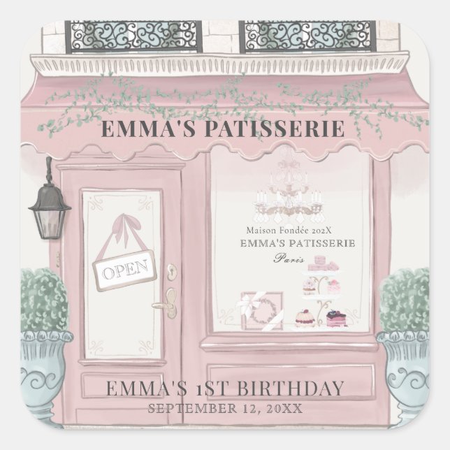 Pegatina Cuadrada Panadería francesa pastelería Paris Pink Birday (Anverso)