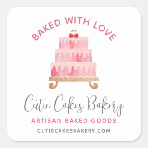 Pegatina Cuadrada Panadería Horneada Con Amor Pastel Rosa Claro Chef
