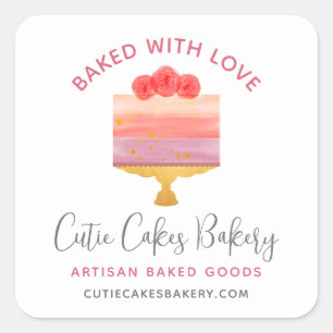 Pegatina Cuadrada Panadería Horneada Con Amor Torta De Postre Rosa P