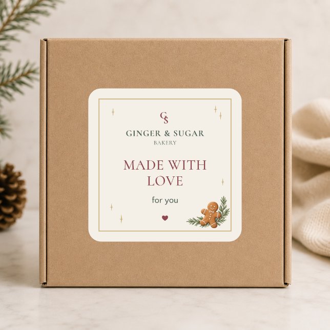 Pegatina Cuadrada Panadería Moderna de Navidad Hecha con Amor (Modern Christmas Bakery Made with Love Square Sticker)