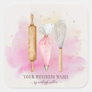 Pegatina Cuadrada Panadería Pastelería Chef Baker Utensiers Rosa