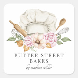 Pegatina Cuadrada Panadería Pastelería Chef Gorra Utensils