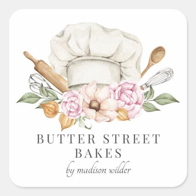 Pegatina Cuadrada Panadería Pastelería Chef Gorra Utensils (Anverso)