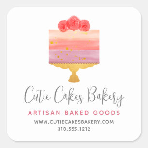 Pegatina Cuadrada Panadería Rosa Purpura Torta Pastel Chef Moderna