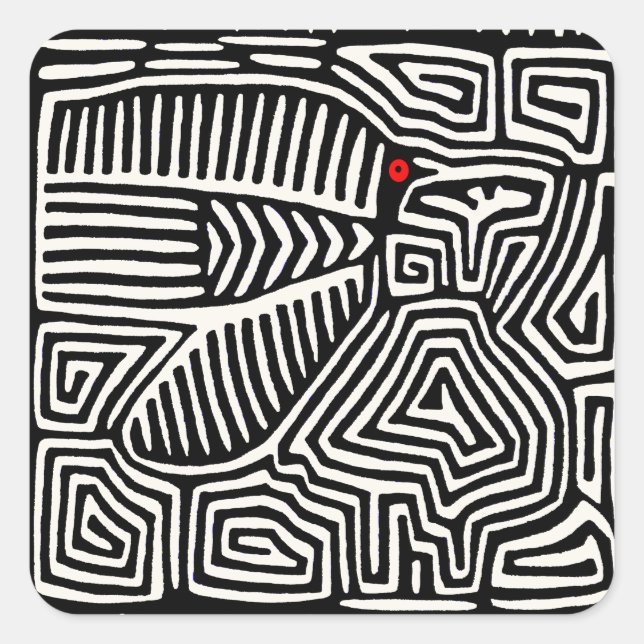 Pegatina Cuadrada Panamá Kuna India Mola Pajaro - Blanco negro (Anverso)