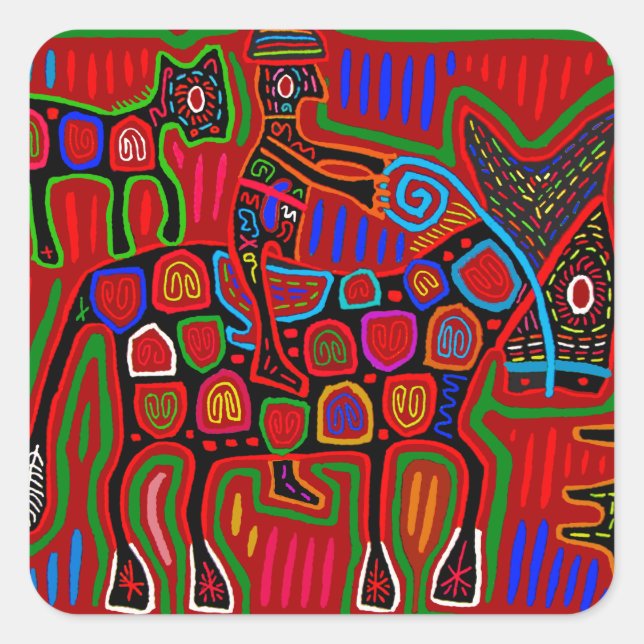 Pegatina Cuadrada Panamá Mola - Salven a un caballo montando un vaqu (Anverso)