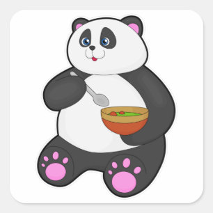 Pegatina Cuadrada Panda al comer con Spoon & Bowl