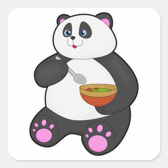 Pegatina Cuadrada Panda al comer con Spoon & Bowl (Anverso)
