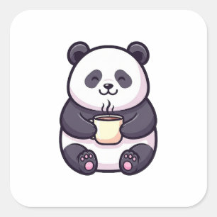 Pegatina Cuadrada Panda alegre con té – Ilustración caprichosa y lin