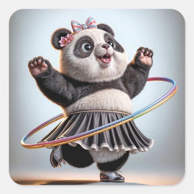 Pegatina Cuadrada Panda Bear Con Arcoiris Hula Hoop (Anverso)