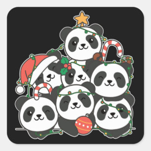 Pegatina Cuadrada Panda Christmas Tree Funny Animal Navidad Square