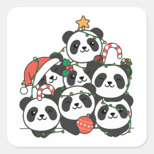 Pegatina Cuadrada Panda Christmas Tree Funny Animal Navidades