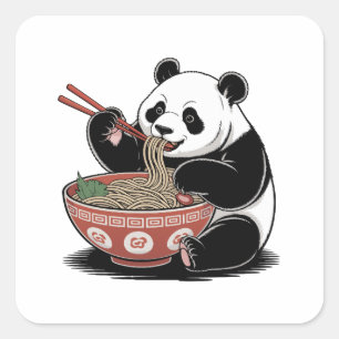 Pegatina Cuadrada Panda Comer Ramen Estilo Retro Japonés Ukiyo-e