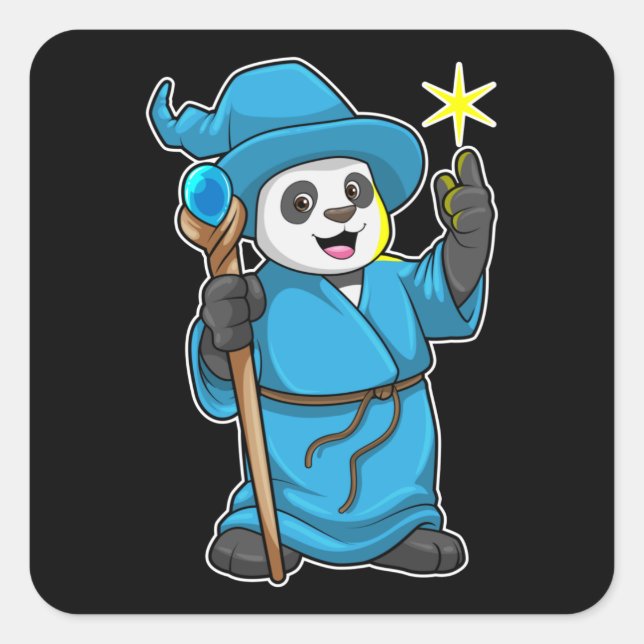 Pegatina Cuadrada Panda como asistente con varita mágica (Anverso)